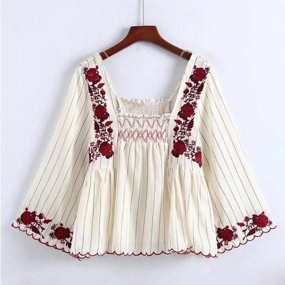 Zara Cream Blouse with Red Floral Embroidery